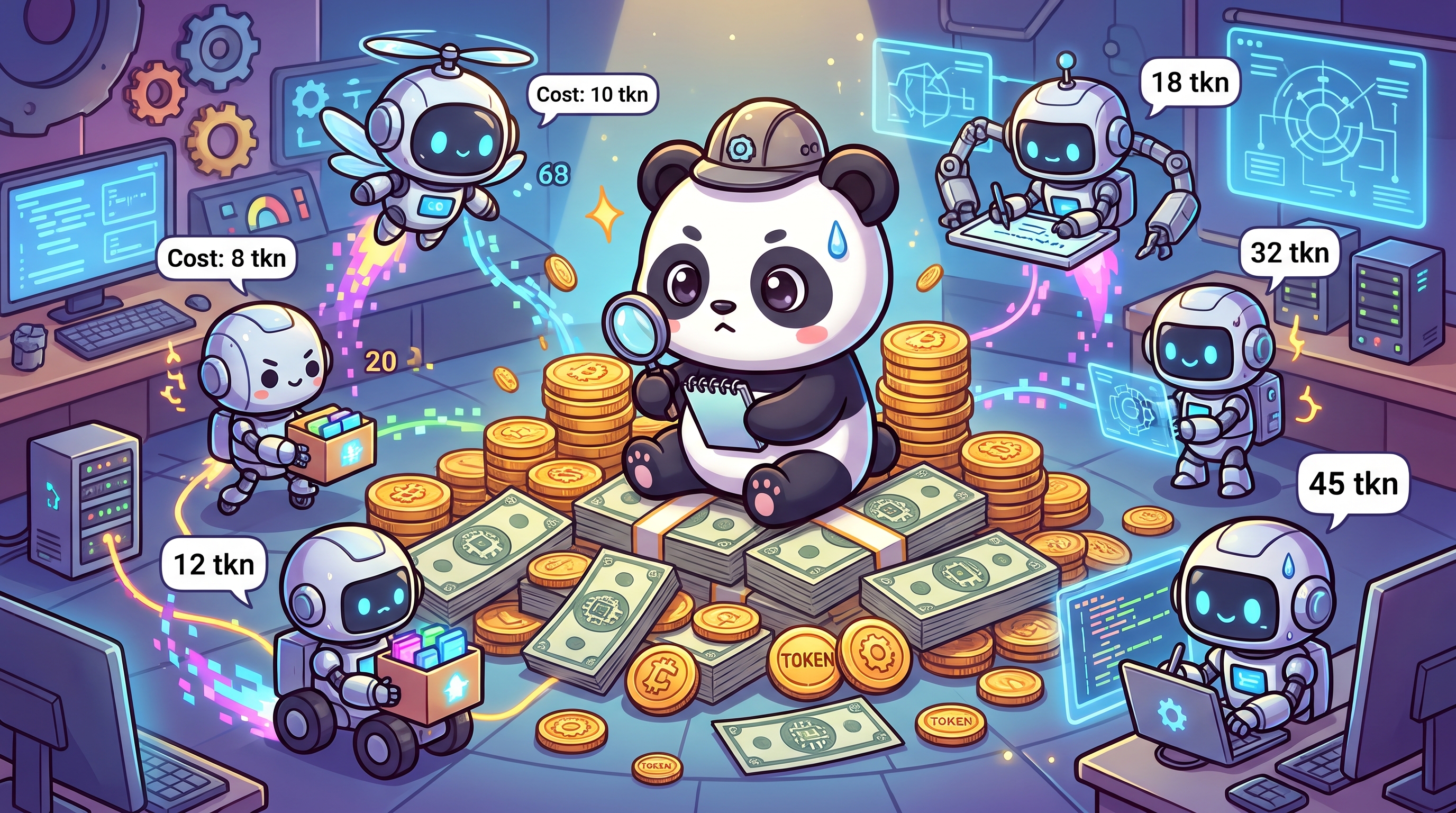 a panda is counting all token used by his agents