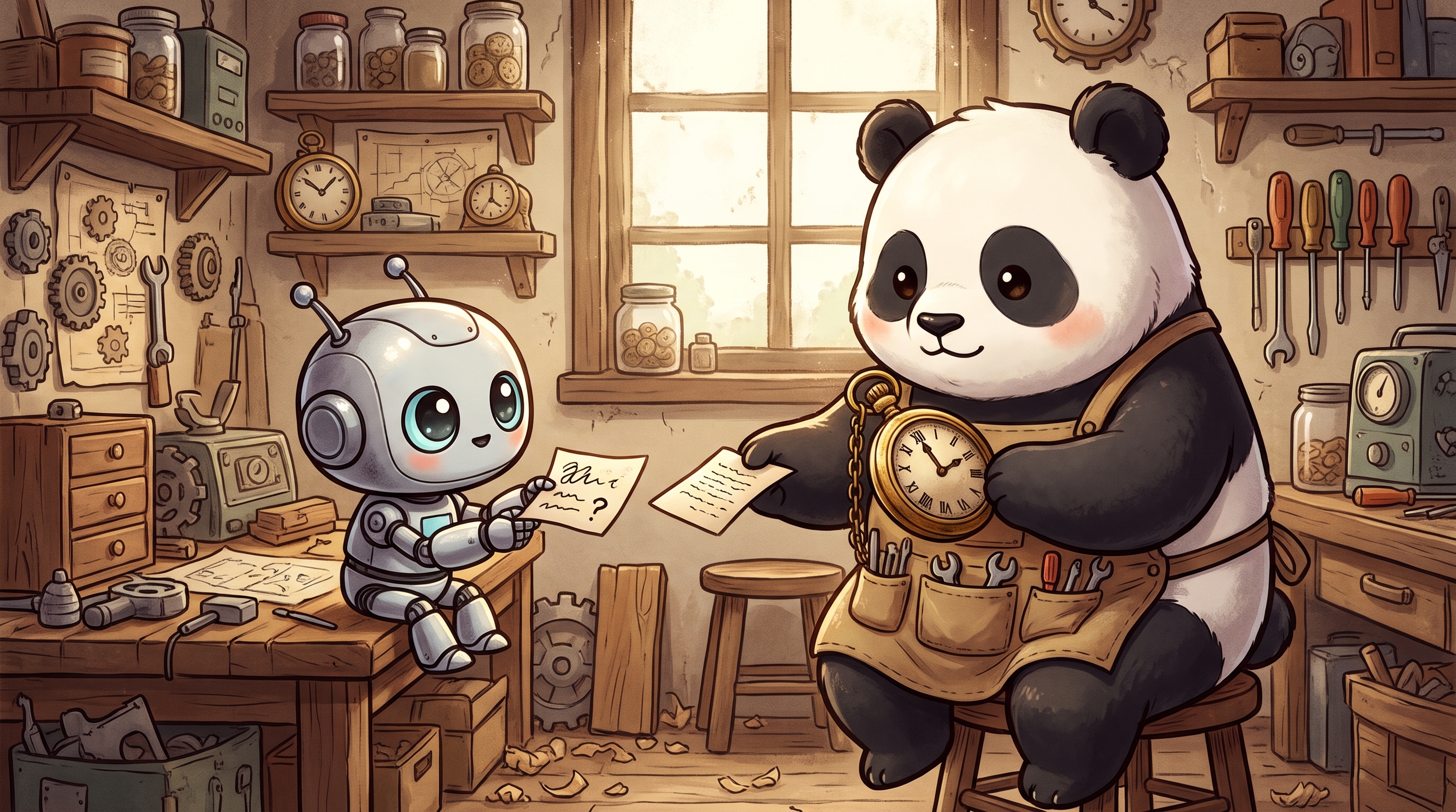un panda donne l'heure à un agent IA qui la demande