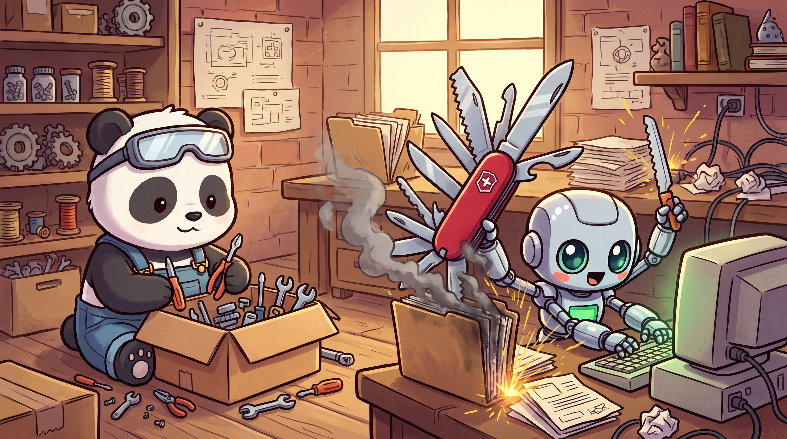 a panda puts tools away in a box while an AI agent frantically uses a Swiss Army knife, even if it sets some files on fire
